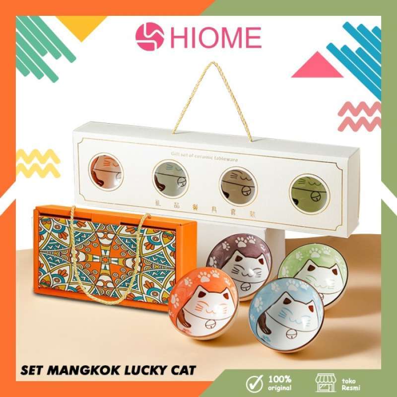 Jual Hiome Set Mangkok Makan Lucky Cat / Gift Set Mangkok Makan Import