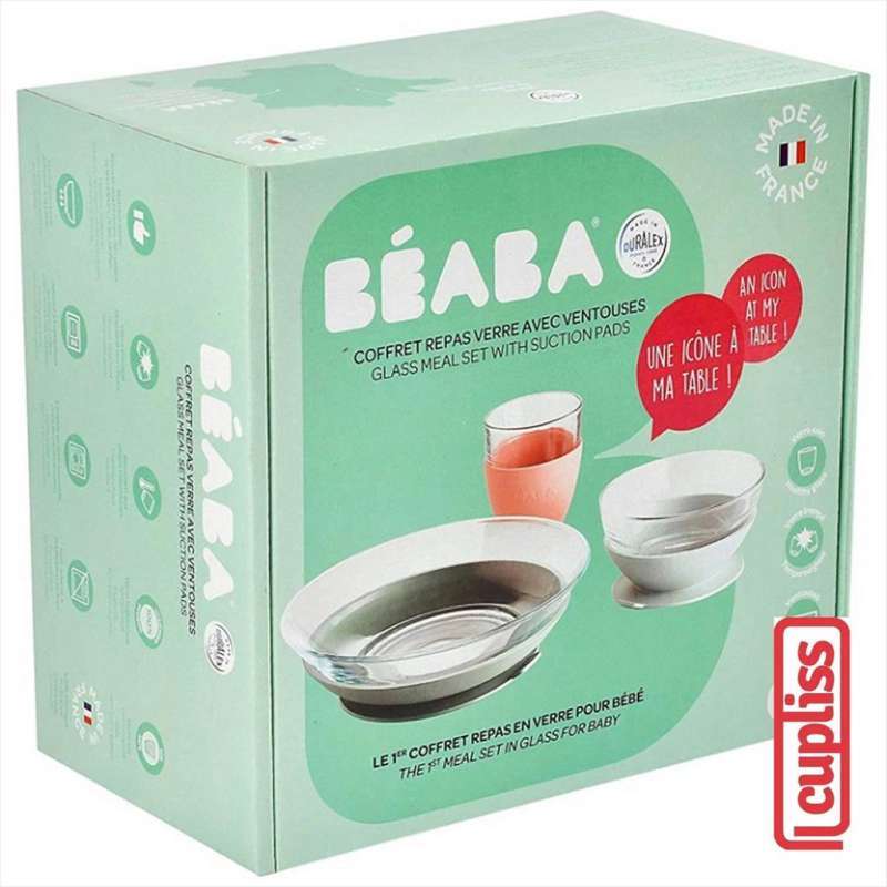 BEABA 3-Piece Duralex Glass Meal Set With Silicone Suction - Toddler Plate & Bowls, Pastel, Microwave & Dishwasher Safe