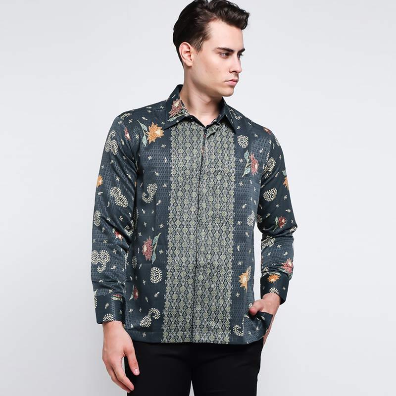 Jual Batik Adikusuma Men Tumpal Teratai Kemeja Batik Pria - Abu-Abu