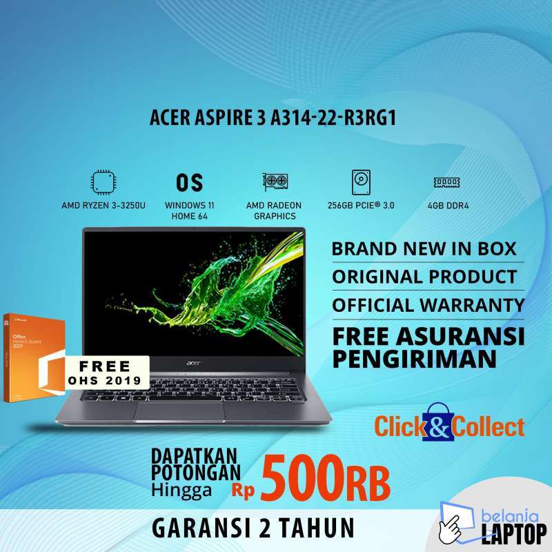 Jual Laptop Acer Aspire 3 Ryzen 3-3250U 4Gb 256ssd OHS W10 A314-22-R890 ...