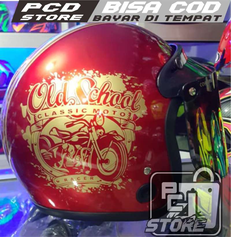 Jual HELM BOGO HELM RETRO MOTIF KACA FLAT IRIDIUM PALANGI