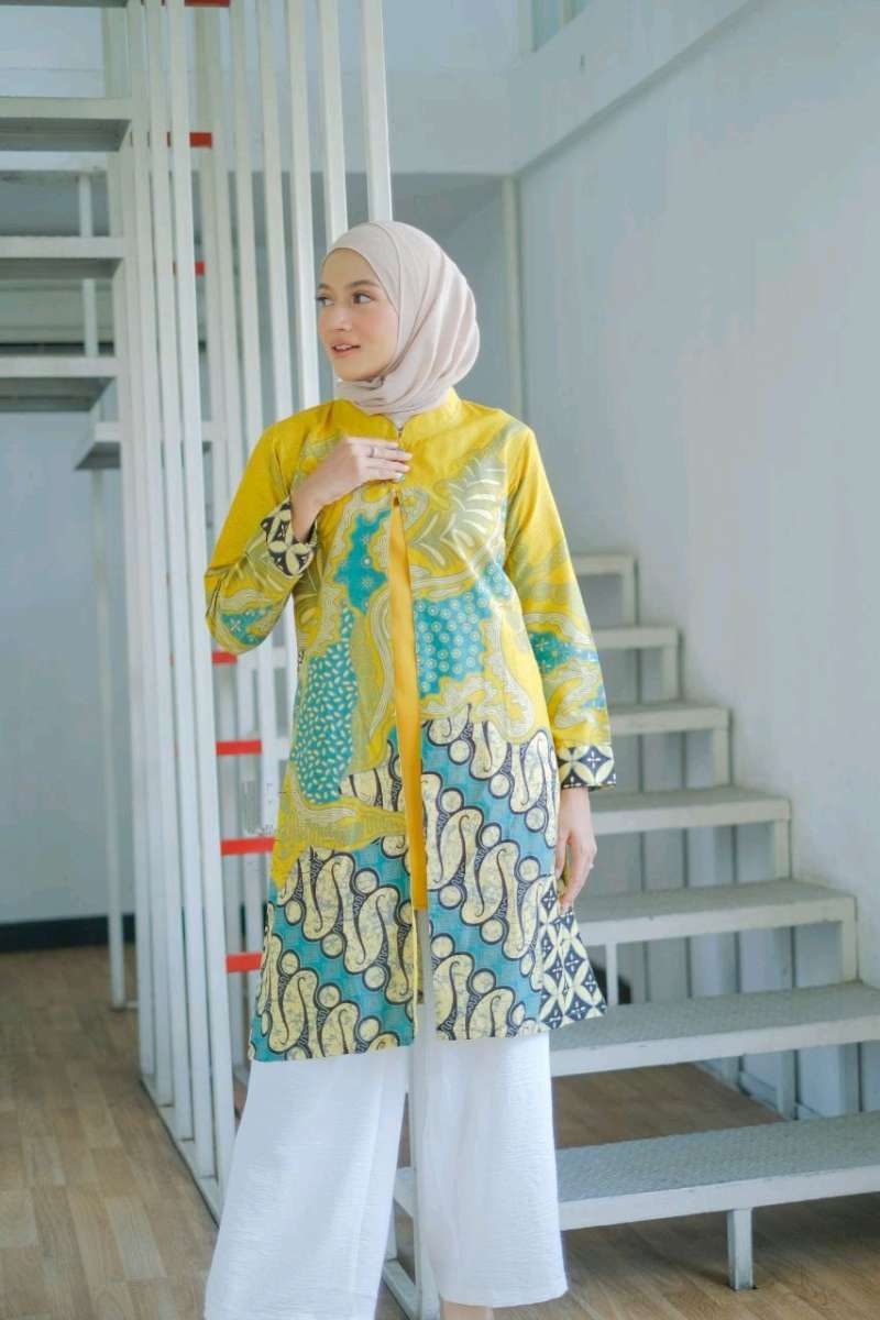 tunik batik serut atasan batik wanita ilalang sulur kuning batik kantor