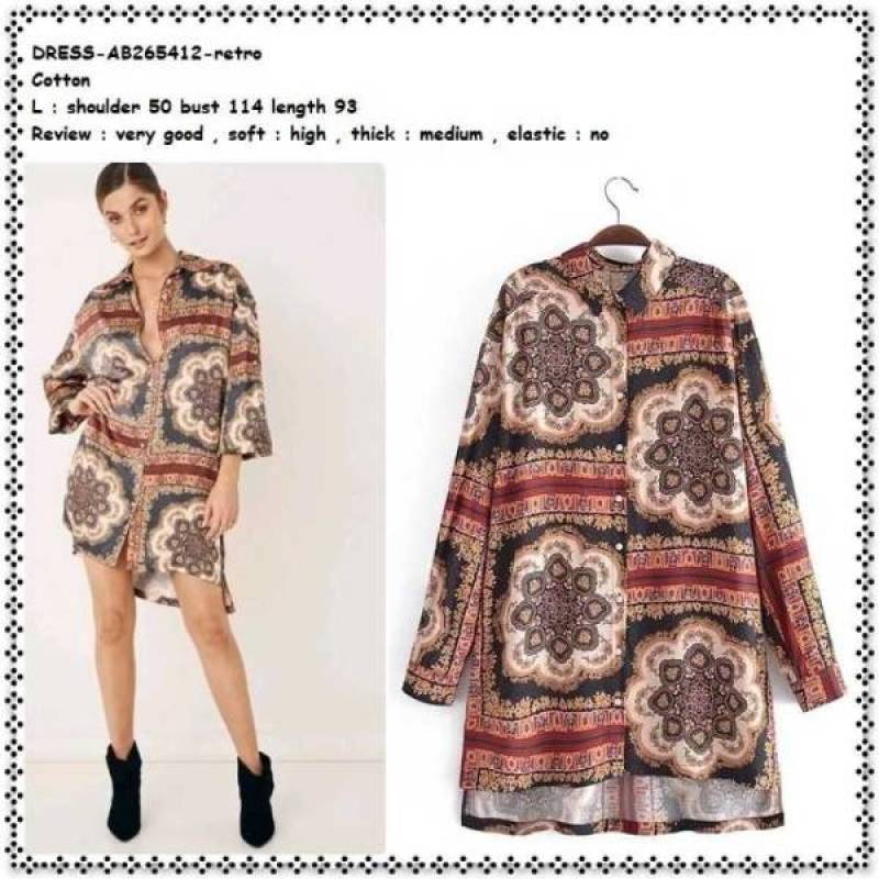 Jual AB265412 Mini Dress Kemeja Lengan Panjang Wanita Korea Import