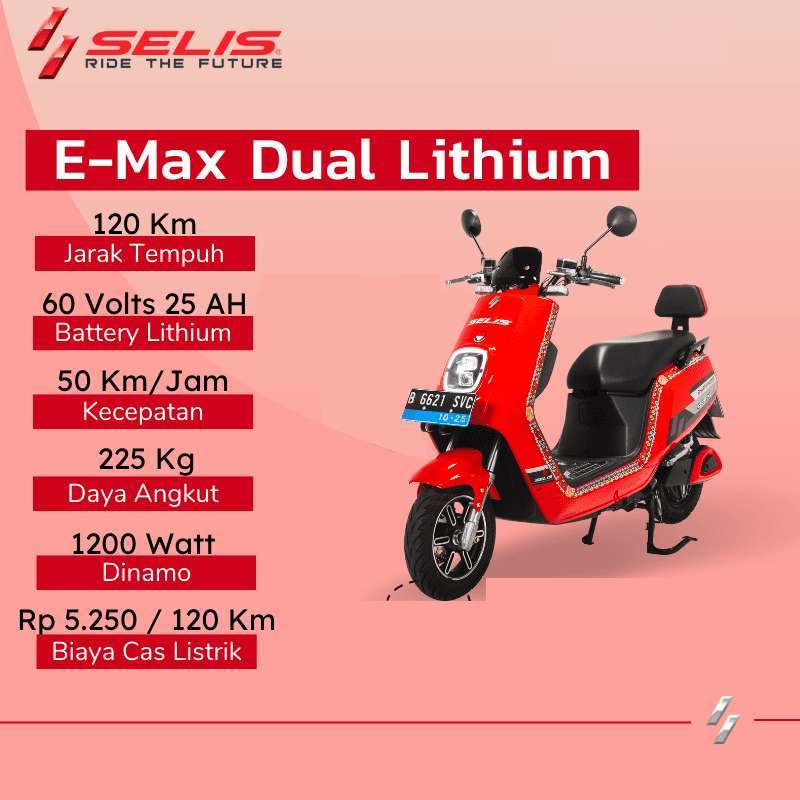 Jual Sepeda Motor Listrik Selis tipe EMax Dual Baterai Lithium
