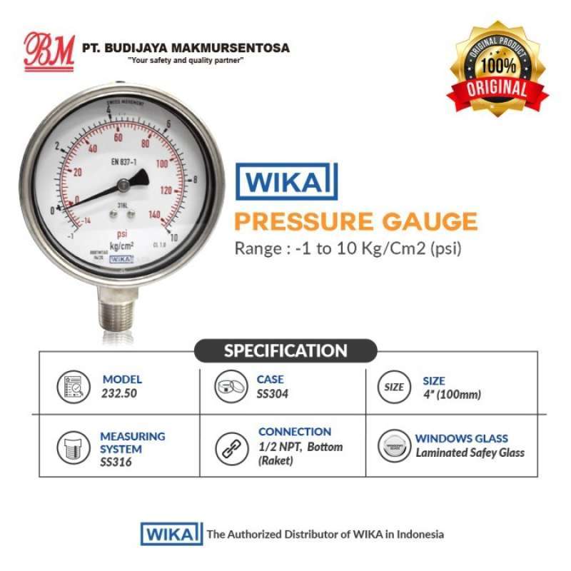 Jual PRESSURE GAUGE WIKA 232.50, SIZE 4 1 to 10 Kg/Cm2 (PSI) di Seller