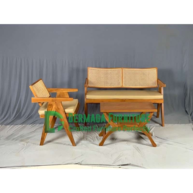 Jual Set sofa tamu kursi A dudukan kayu plus bantalan kayu jati