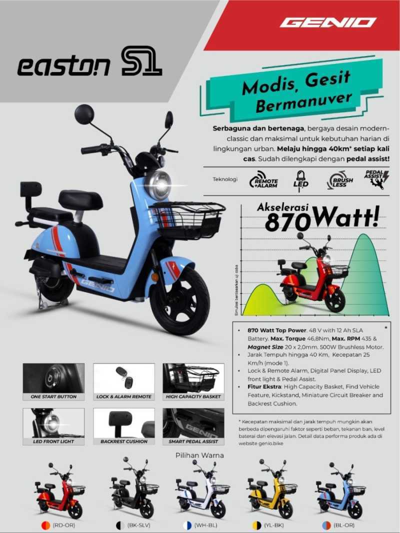 Jual Sepeda Listrik Genio Easton S1 Electric E Bike Moped 870 Watt