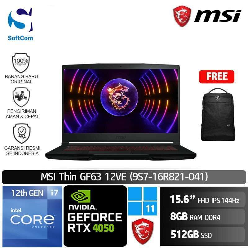 MSI Thin GF63 12VF-444IT Notebook Gaming 15.6" FHD 144Hz, Intel I7-12650H, RTX 4060, 16GB RAM, 512GB NVMe
