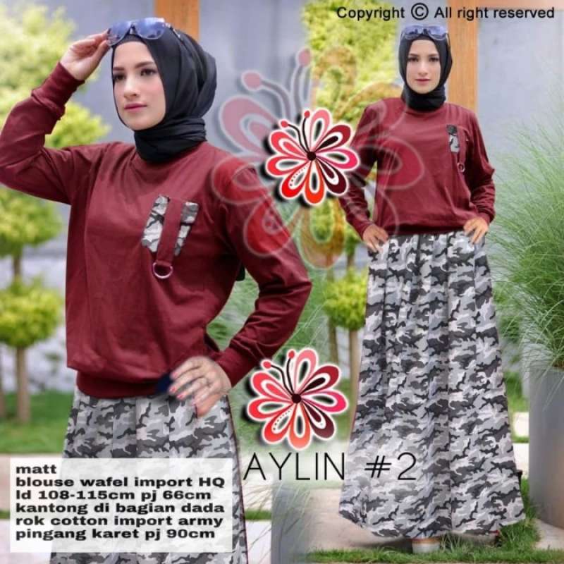 Jual Gratis Ongkir Set Aylin/Rok Army/Baju Setelan Muslim/Baju Army/Rok