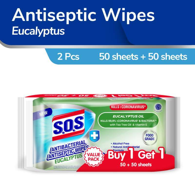 Promo SOS Antibacterial Antiseptic Wipes Eucalyptus 50 sheets [Banded