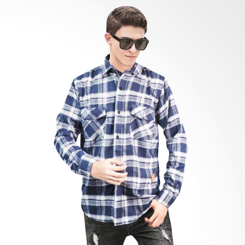 Jual Adamsbell Flanel Shirt Panjang Kemeja Pria - Biru Putih - L Blue