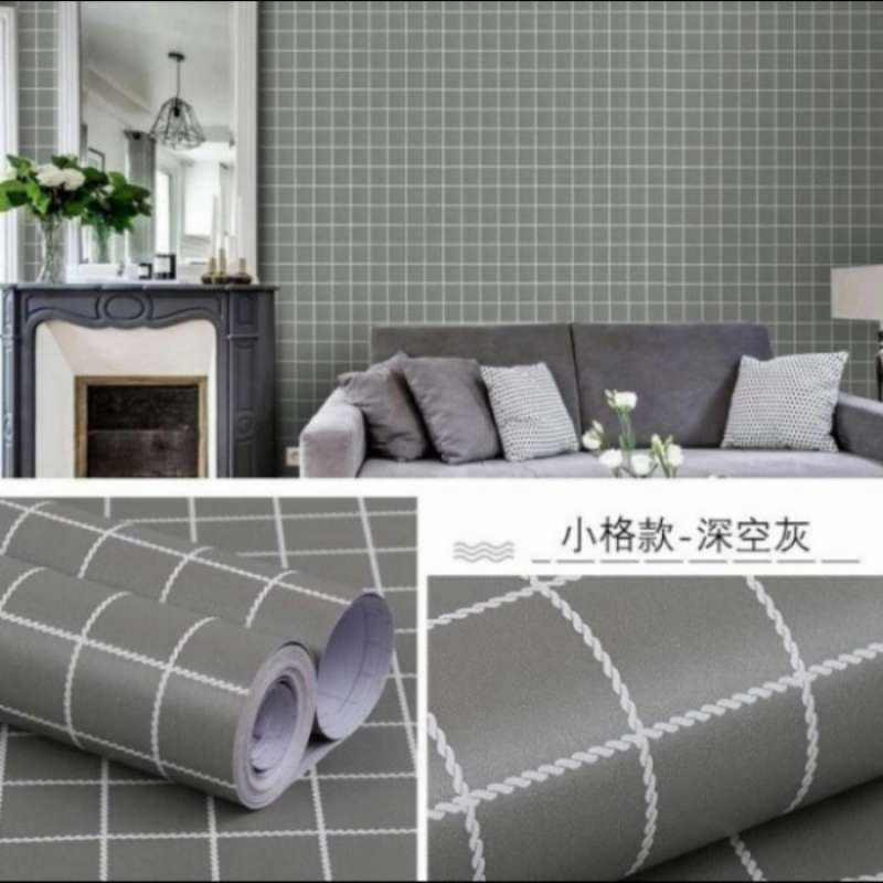 Promo Wallpaper sticker dinding motif garis kotak warna abu abu 3d