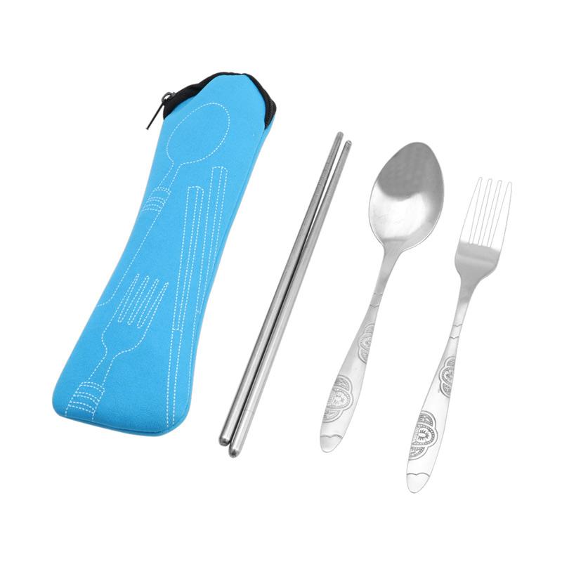 Jual WL Sendok Garpu Sumpit Portabel Silver Set Peralatan Makan - Biru