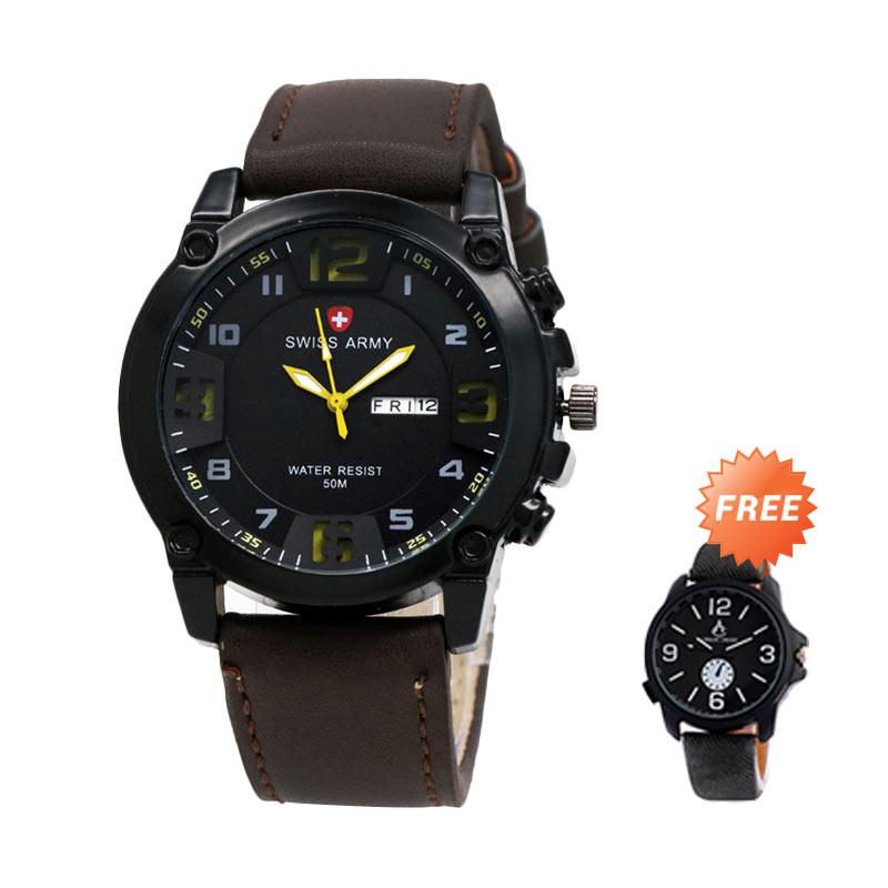 Jual Swiss Army 002 Jam Ta   ngan Pria - Hitam Kuninngg + Free Jam Tangan