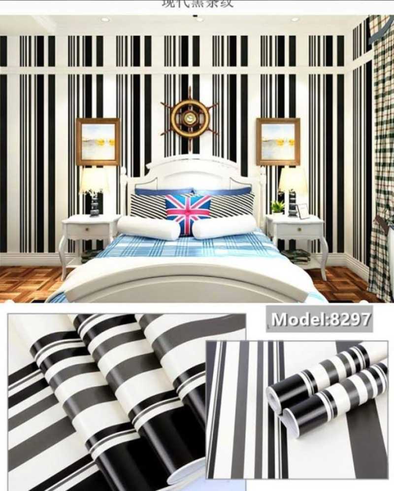 Promo Wallpaper Sticker Dinding Motif Garis Salur Hitam Putih Kream10 m