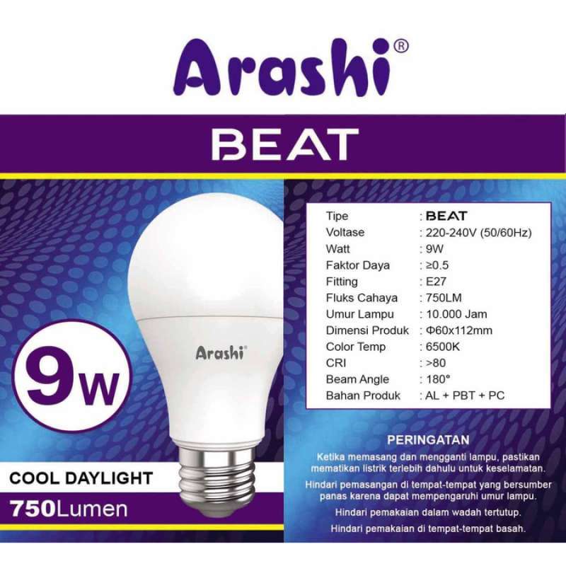 Jual Arashi Lampu Bohlam LED Beat Hemat Energi 9 Watt - Putih di Seller