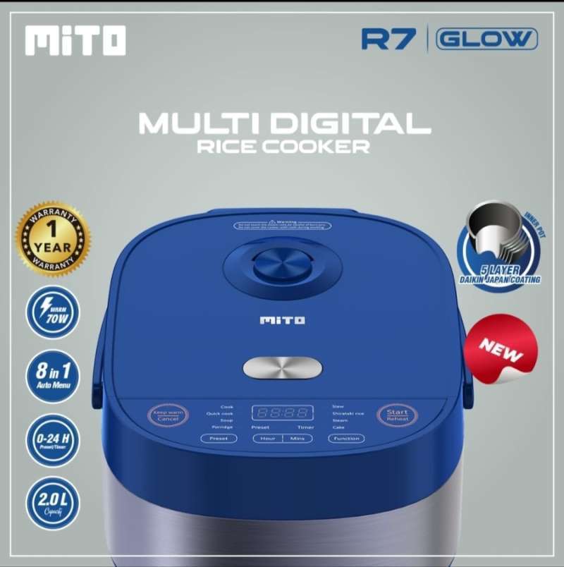 Jual Mito Digital Rice Cooker R7 Glow 8in1 2 Liter Blue Silver Di
