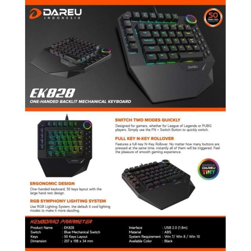 Jual dareu ek828 dareu ek 828 dareu ek 828 one hand keyboard gaming