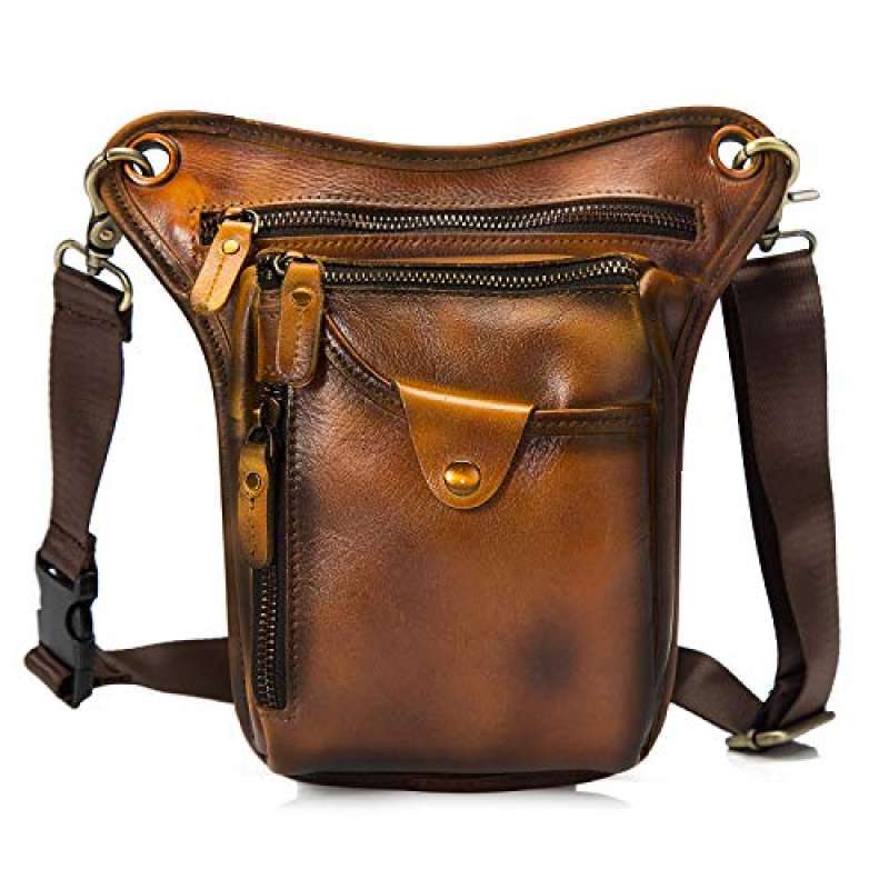 Promo Le'aokuu Mens Genuine Leather Motorcycle Waist Pack Messenger