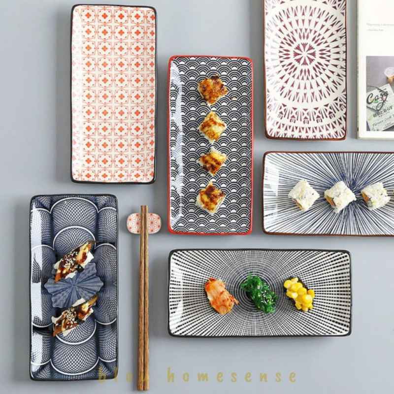 Jual Piring sushi keramik unik bentuk persegi panjang motif sushi plate