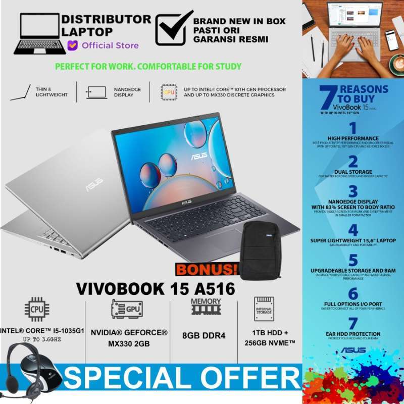 Jual ASUS A516JP-FHD5121 / FHD5122 (i5-1035G1/MX330/4G+4G/1TB+256 PCIE ...