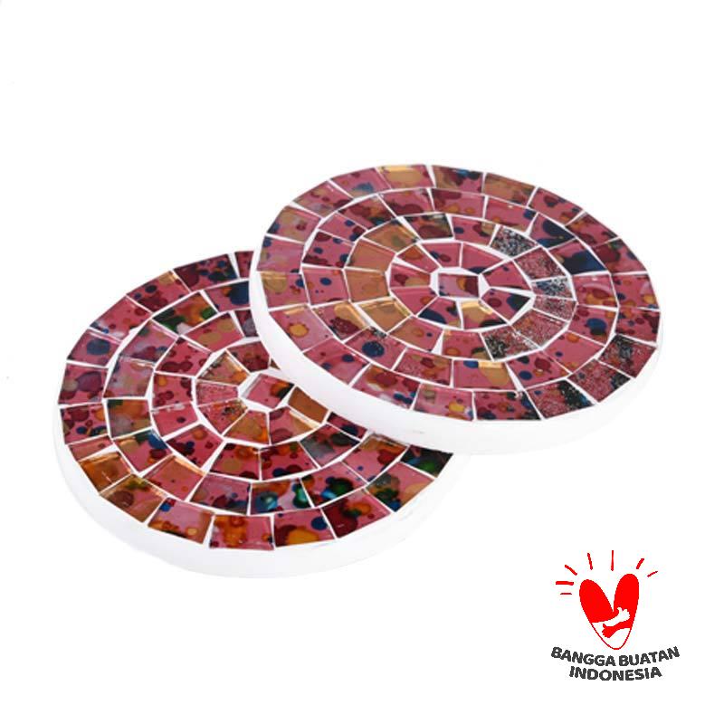 Jual Kerajinan Lokal Mozaik Round Glass Coaster Red 