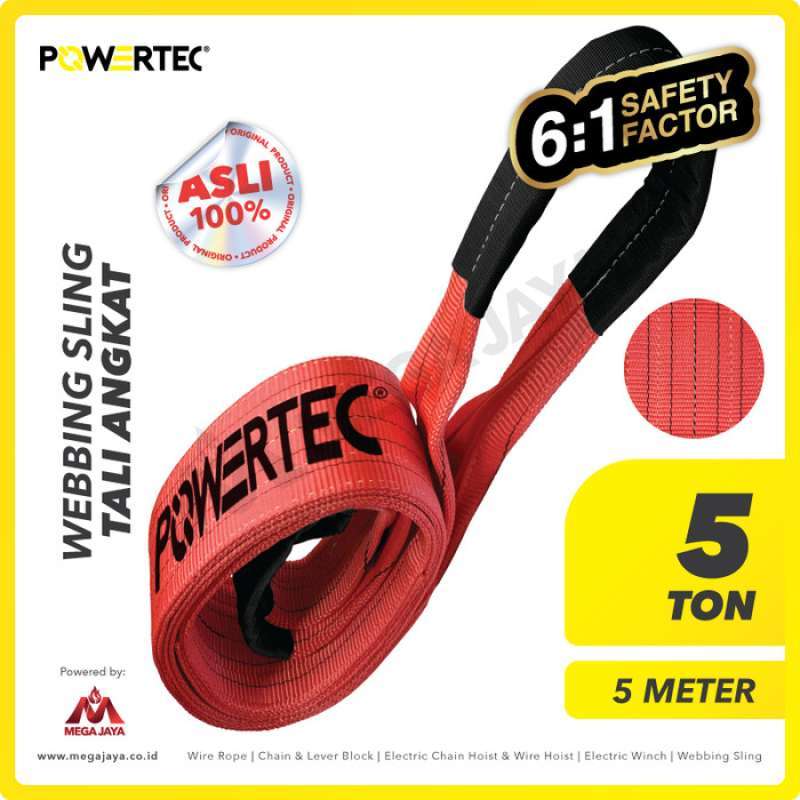 Jual bing Sling Belt Tali Angkat 5 Ton X 5 Meter Powertec Double