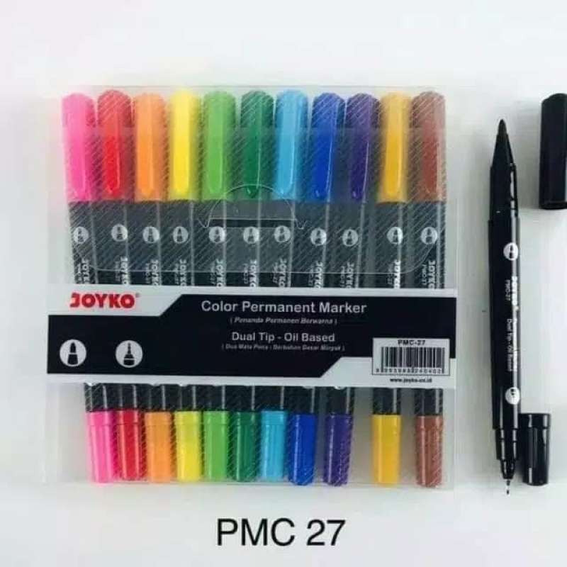 Promo Spidol Joyko 12 Warna Permanent Marker Pmc-27 Dual Tip di Seller