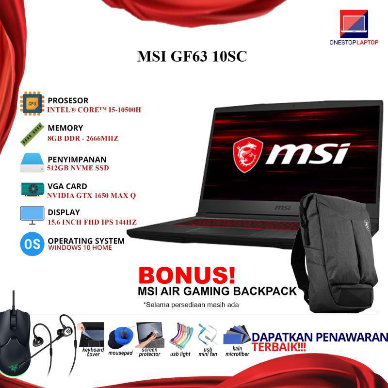Jual MSI GF63 Thin 10SC I5 10500H GTX1650 8GB 512GB 144Hz 9S7 16R512 