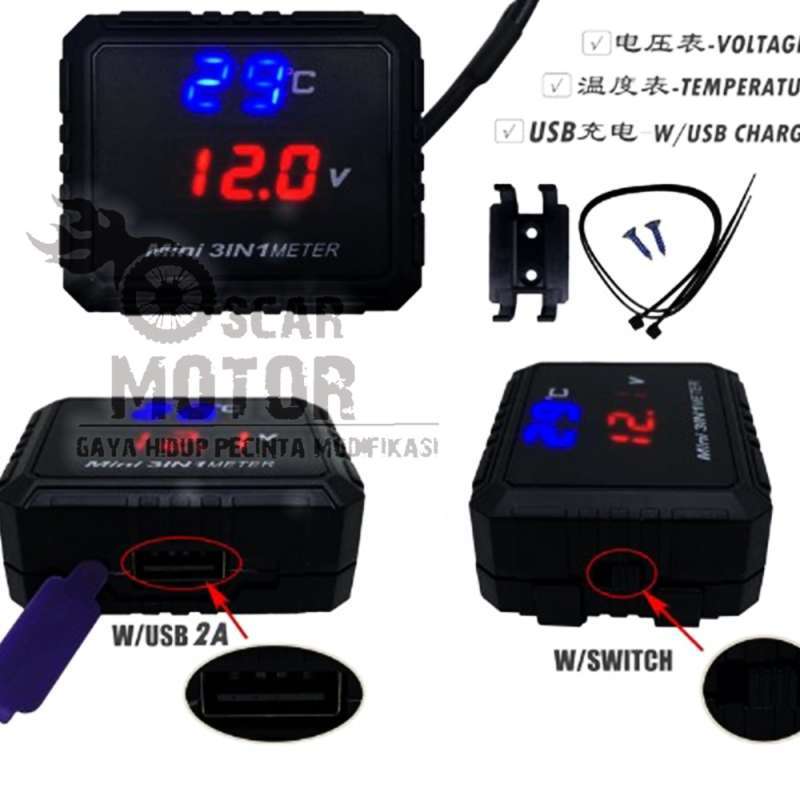 Jual Voltmeter 3 in 1 usb anti air original termometer volmeter digital