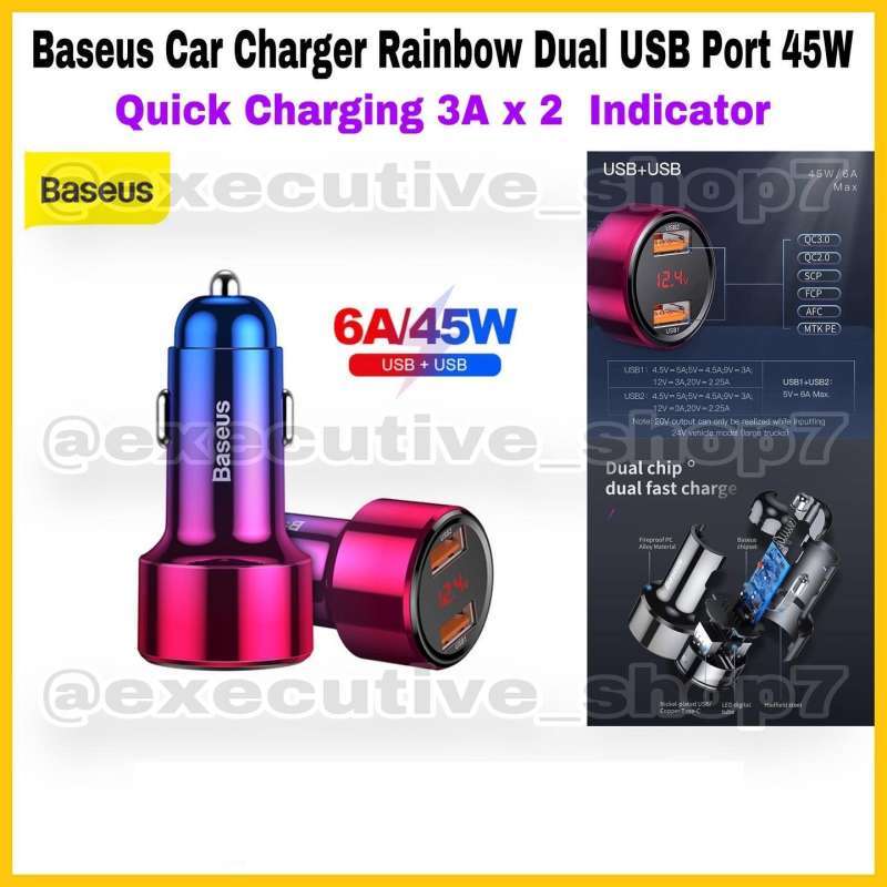 Jual Baseus Car Charger Rainbow Dual USB Port 45W Quick Charging 3A x2