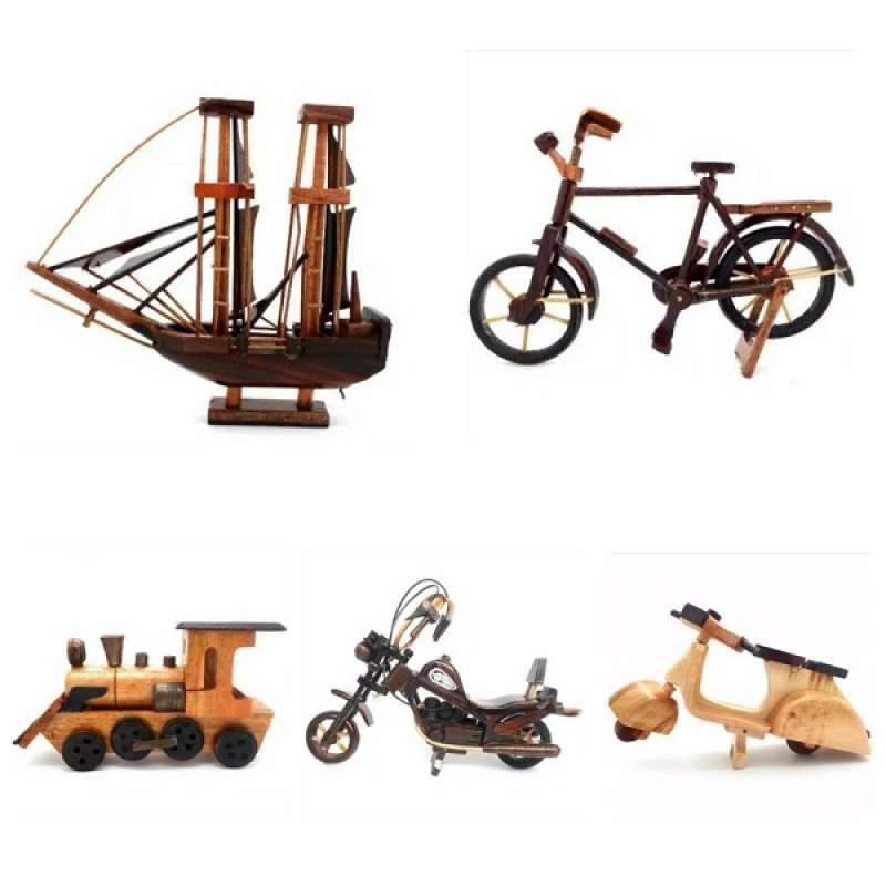 Jual PAKET HEMAT MINIATUR KAYU ISI 5 KAPAL HARLEY SEPEDA LOKOMOTIF