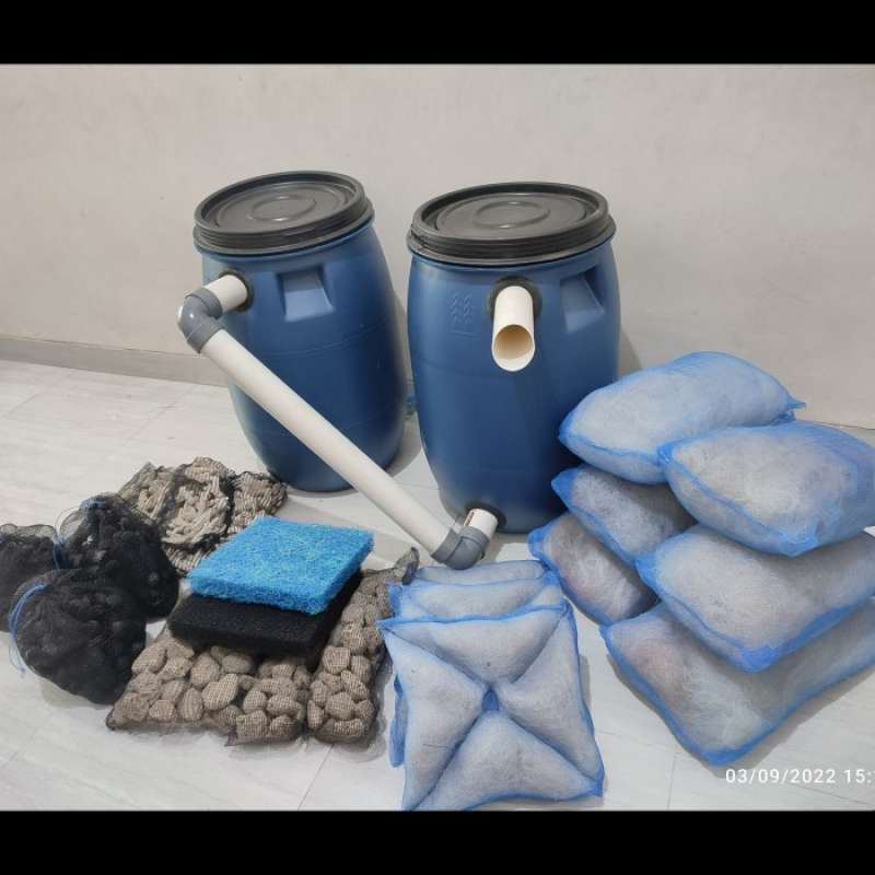 Promo Tong filter biru D40 T65 paket lengkap isi media filter kolam ikan koi Diskon 31 di