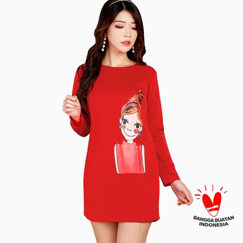 Jual Okechuku LISTYA Mini Dress Sexy Lengan Panjang Gaya Korea Merah