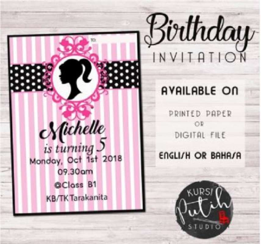 Jual Undangan Ulang Tahun Birthday Invitation Tema Barbie di Seller kursi putih studio - Kota