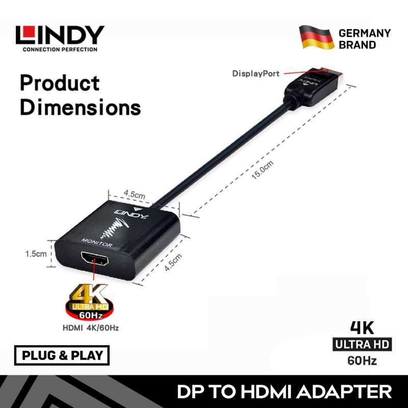 Jual Lindy 41068 Displayport Dp 1.2 To Hdmi 4k Uhd Converter Adapter Di ...