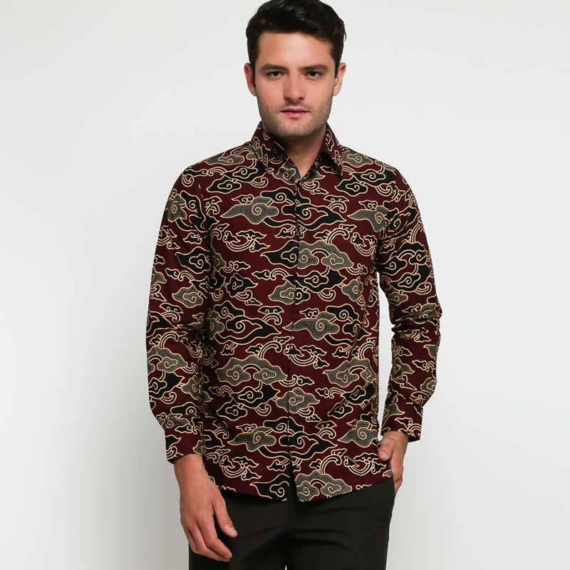 Jual Adiwangsa Modern Slim Fit Model Baju Kemeja Batik Pria - Maroon