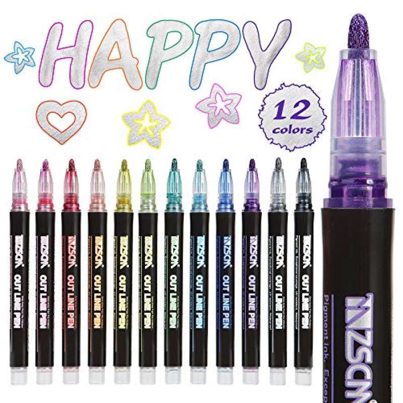 Jual Super Squiggles Outline Metallic Markers, 12 Colors Double Line ...