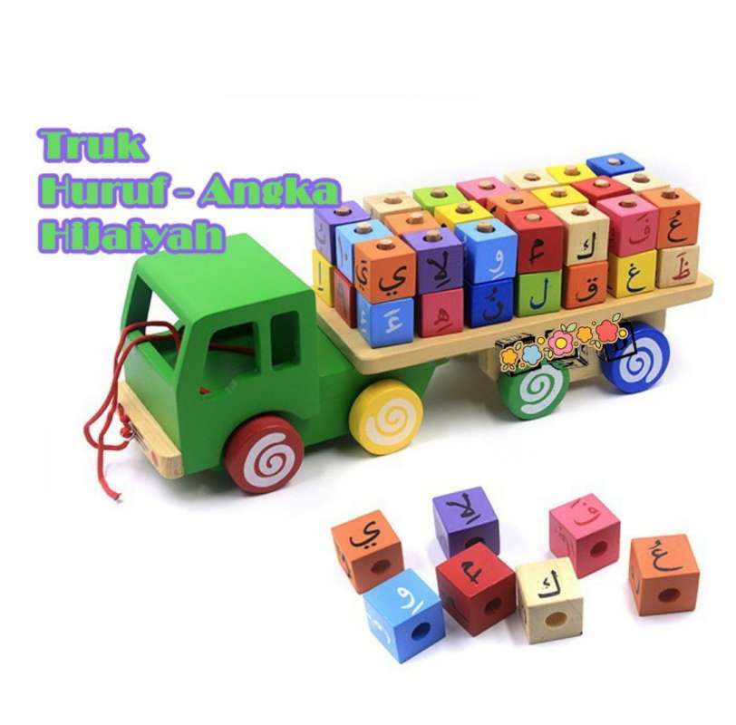 Promo Mainan Edukasi Truk Kayu Huruf Angka Hijaiyah Arab Balok Iqro 