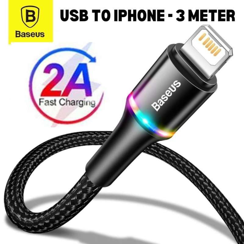 Jual [3 METER] Baseus Halo LED Cable Charger iPhone Lightning 2A Fast