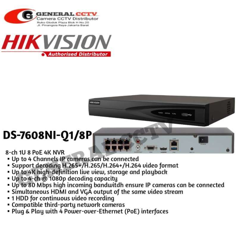 Promo Nvr 8 Channel PoE Hikvision 4K 8MP HDMI Output 7608NIQ1/8P