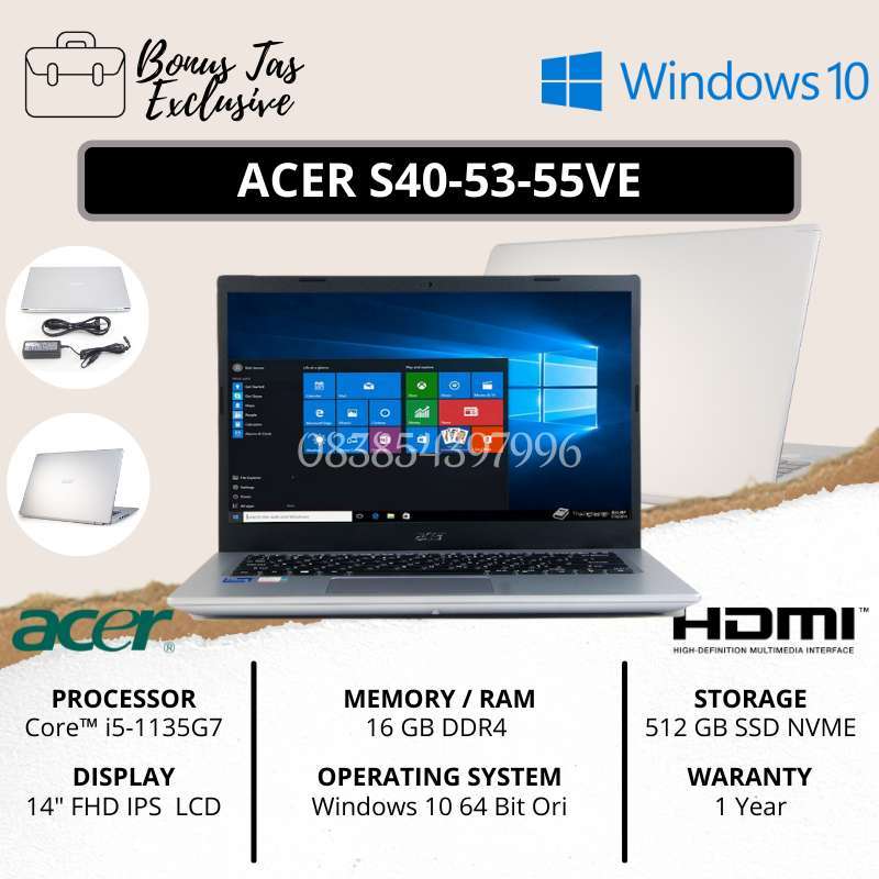Jual LAPTOP ACER S40 53 55VE [CORE I5-1135G7 / RAM 16 GB DDR4 / SSD 512