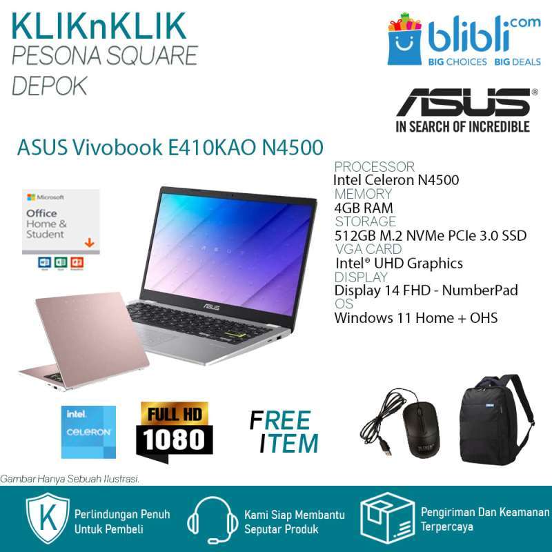 Jual ASUS Vivobook E410KAO N4500 4GB 512GB SSD 14 FHD NumberPad Win11