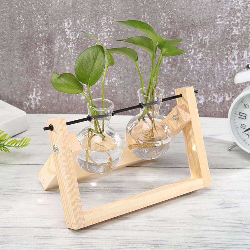 Promo Hydroponic Plant Glass Bulb Vase Wooden Stand Pot Terrarium 2