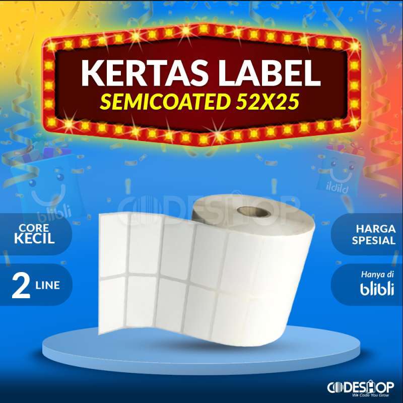 Jual KERTAS STICKER LABEL PRINTER BARCODE 52 X 25 MM 2 LINE SEMICOATED di Seller
