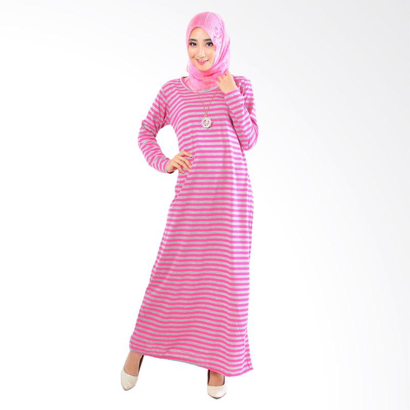 Jual Jfashion Corak Salur Maxi Gamis Tangan Panjang - Pink