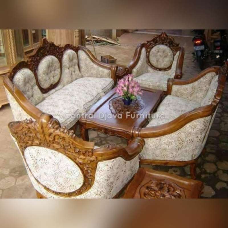 Jual Kursi & Meja Tamu Sofa Ganesha Monaco Kayu Jati Romawi Ukir Jepara