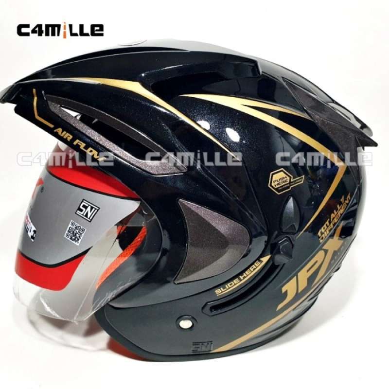 Promo HELM JPX SOLID BLACK METALIC GOLD DOUBLE VISOR HALF FACE Diskon