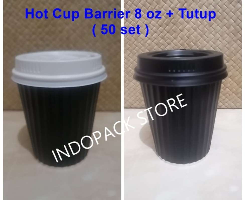 Jual Paper Hot Cup 8 oz Barrier - Gelombang HITAM POLOS + Tutup - 50 ...