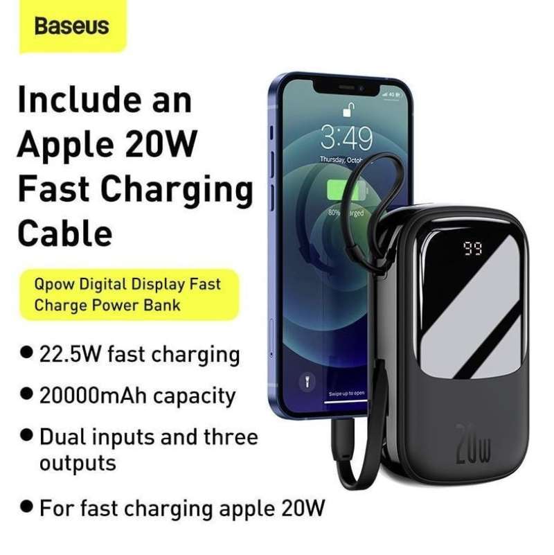 Jual BASEUS Qpow Pro Digital Display 20000mAh 20W with iP Cable PPQD ...
